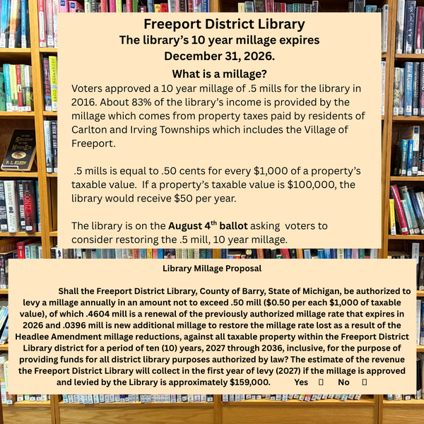 2026 Freeport District Library Millage explanation and ballot language